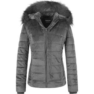 Women's Gray Velvet Puffer Jackets Coat Faux Fur Lining Winter Removable Hood